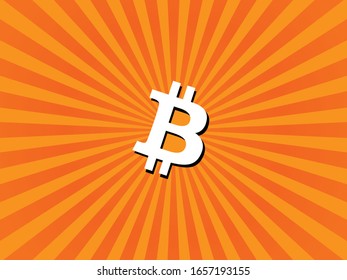 Fondo de vigas naranja y amarillo con símbolo bitcoin blanco en el centro de la atención del papel pintado. BTC es considerado un activo digital de oro e inversión y dinero futuro del mundo.