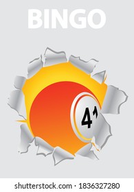 Orange And Yellow Bingo Lottery Ball Coming Out From A Ripped White Background With Bingo Decorative Text White On White