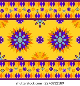 Orange yellow and blue geometric seamless pattern in vector illustration design for fabric, mat, scarf, carpet, wrapping paper, tile and more