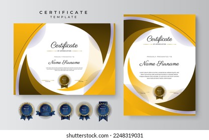 Orange yellow and brown certificate of achievement border template with luxury badge and modern line pattern. For award, business, and education needs