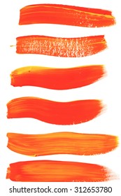 Orange and yellow Brush stroke. Acrylic paint stain. Stroke of the paint brush isolated on white background. Colorful template. EPS 8