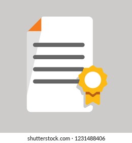 Orange Yellow Business Checklist File Icon in flat design with award badge. Using shadow as design element.