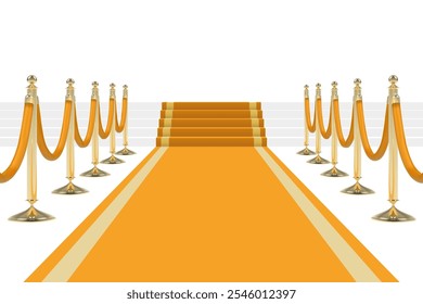 Orange yellow carpet with stairs, podium, orange ropes and golden stanchions. Vector illustration.