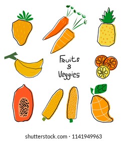 orange and yellow cartoon fruits and veggies set vector hand drawn 