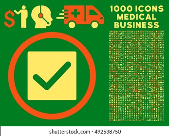 Orange And Yellow Check vector bicolor rounded icon. Image style is a flat icon symbol inside a circle, green background. Bonus clipart is 1000 healthcare business design elements.