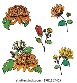 Orange And Yellow Chrysanthemum Separated, Bouquet  And Rose Flower, Black Outline Cartoon Vector Illustration