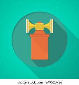 Orange and yellow color air horn flat icon on green background with long shadow design.