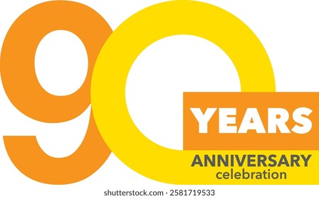 orange and yellow color number 90 and orange square with word years white color and word anniversary celebration gray color.