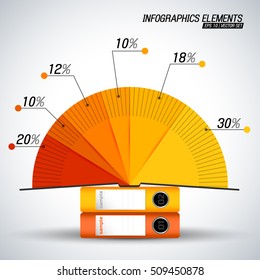 Orange and yellow colors document folders and diagram showing percentage statistics infographics elements on white background flat vector illustration