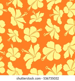 In orange and yellow colors. Vector hand drawn painting of orange and yellow hibiscus flowers.