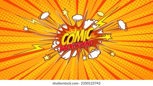 Antecedentes de arte pop de historietas naranja y amarillo con explosión y burbuja de historietas. Afiche de caricatura vectorial en el estilo de los libros de historietas retro con nubes explosivas en ráfaga, destellos de luz, estrellas y rayos