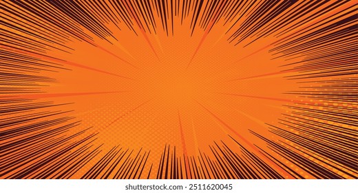 orangefarbener und gelber Comic-Pop-Art-Hintergrund mit Explosion und Comic-Blase. Cartoon Vektor Popart Poster im Retro Comics Buchstil mit zerplatzter Explosionswolke, Lichtblitze, Sterne und Strahlen