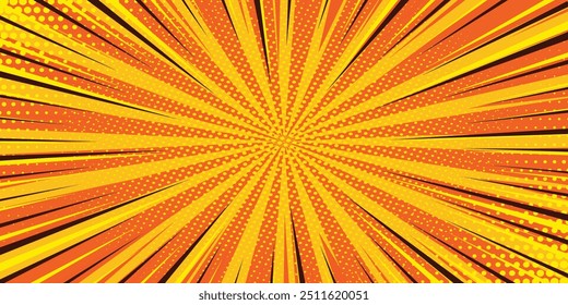 Laranja e quadrinhos amarelo pop art fundo com explosão explosão explosão explosão explosão e quadrinhos bolha. Cartaz de ponteiro de vetor de desenhos animados em estilo de livro de quadrinhos retrô com nuvem de explosão, flashes de luz, estrelas e raios