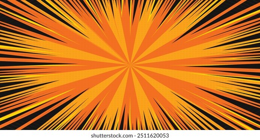 Laranja e quadrinhos amarelo pop art fundo com explosão explosão explosão explosão explosão e quadrinhos bolha. Cartaz de ponteiro de vetor de desenhos animados em estilo de livro de quadrinhos retrô com nuvem de explosão, flashes de luz, estrelas e raios