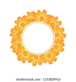 Orange Yellow Cosmos Flower Banner Wreath. Vector Illustration.