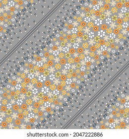 Orange Yellow And Cream Vector Seamless Floral Small Flowers With Leaves Bandanna Pattern On Grey Background