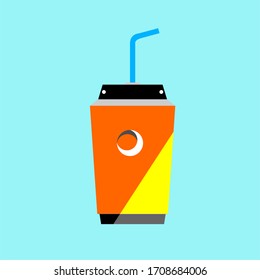 An orange and yellow cup with a black cover that has a straw on it