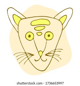 Orange and yellow cute cat in doodle style isolated on white background. Vector stock illustration. Hand drawing line art image. Design concept for cat cafe, children print.