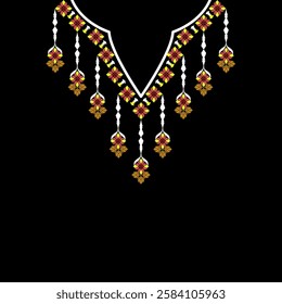 Orange and yellow ethnic bohemian-style necklaces. Embroidery pattern on a black background. Vector element for design shirt pattern, lace, collar, bead decoration.