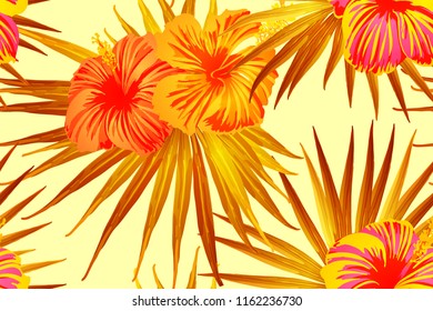 Orange yellow exotic pattern. Monstera leaves and hibiscus flowers in summer print.  Hawaiian t-shirt and swimwear tile.  Horizontal california natural texture design. Hypernatural botanic design.