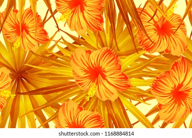 Orange yellow exotic pattern. Monstera leaves and hibiscus flowers in summer print.  Hawaiian t-shirt and swimwear tile.  Horizontal california natural texture design. Hypernatural botanic design.