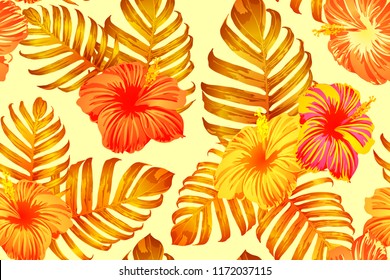 Orange yellow exotic pattern. Monstera and hibiscus flowers tropical bouquet.  Hawaiian t-shirt and swimwear tile.  Horizontal california natural texture design. Bonny spring botanical design.