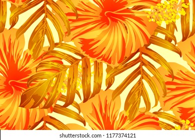 Orange yellow exotic pattern. Monstera and hibiscus flowers tropical bouquet.  Hawaiian t-shirt and swimwear tile.  Horizontal california natural texture design. Bonny spring botanical design.