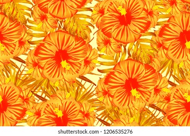 Orange yellow exotic pattern. Monstera leaves and hibiscus flowers in summer print.  Hawaiian t-shirt and swimwear tile.  Horizontal california natural texture design. Bonny spring botanical design.