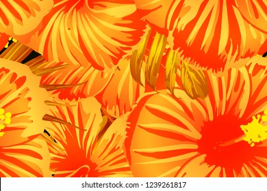 Orange yellow exotic pattern. Monstera and hibiscus flowers tropical bouquet.  Hawaiian t-shirt and swimwear tile.  Horizontal california natural texture design. Hypernatural botanic design.