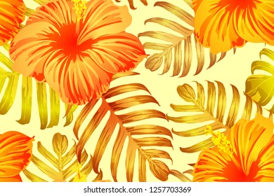 Orange yellow exotic pattern. Monstera leaves and hibiscus flowers in summer print.  Hawaiian t-shirt and swimwear tile.  Horizontal california natural texture design. Bonny spring botanical design.