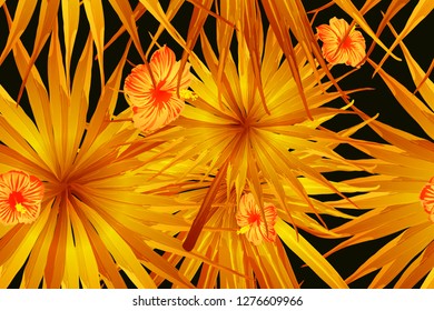 Orange yellow exotic pattern. Monstera and hibiscus flowers tropical bouquet.  Saturated large floral swimwear print. Horizontal california natural texture design. Hypernatural botanic design.