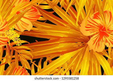 Orange yellow exotic pattern. Monstera and hibiscus flowers tropical bouquet.  Hawaiian t-shirt and swimwear tile.  Horizontal california natural texture design. Hypernatural botanic design.