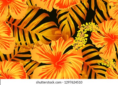 Orange yellow exotic pattern. Monstera and hibiscus flowers tropical bouquet.  Saturated large floral swimwear print. Horizontal romantic wild vector exotic tile. Bonny spring botanical design.