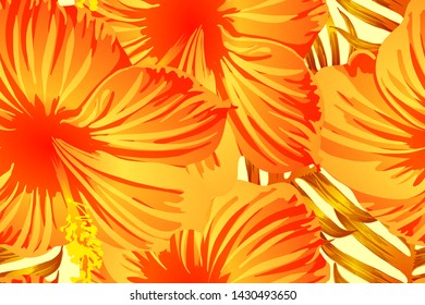 Orange yellow exotic pattern. Monstera leaves and hibiscus flowers in summer print.  Hawaiian t-shirt and swimwear tile.  Horizontal california natural texture design. Hypernatural botanic design.