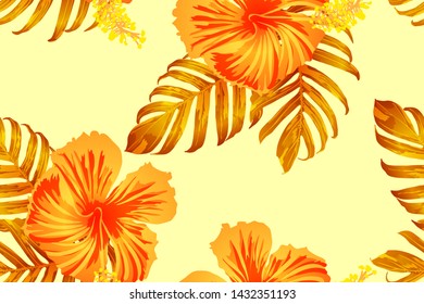 Orange yellow exotic pattern. Monstera leaves and hibiscus flowers in summer print.  Hawaiian t-shirt and swimwear tile.  Horizontal romantic wild vector exotic tile. Hypernatural botanic design.