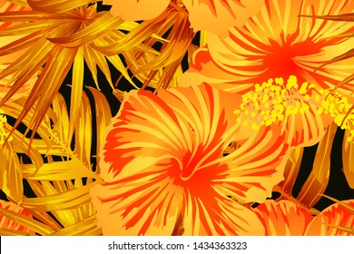 Orange yellow exotic pattern. Monstera and hibiscus flowers tropical bouquet.  Saturated large floral swimwear print. Horizontal romantic wild vector exotic tile. Hypernatural botanic design.