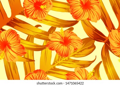 Orange yellow exotic pattern. Monstera and hibiscus flowers tropical bouquet.  Hawaiian t-shirt and swimwear tile.  Horizontal california natural texture design. Bonny spring botanical design.