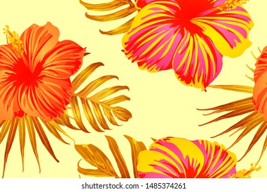 Orange yellow exotic pattern. Monstera leaves and hibiscus flowers in summer print.  Hawaiian t-shirt and swimwear tile.  Horizontal romantic wild vector exotic tile. Hypernatural botanic design.