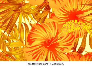 Orange yellow exotic pattern. Monstera leaves and hibiscus flowers in summer print.  Saturated large floral swimwear print. Horizontal romantic wild vector exotic tile. Hypernatural botanic design.