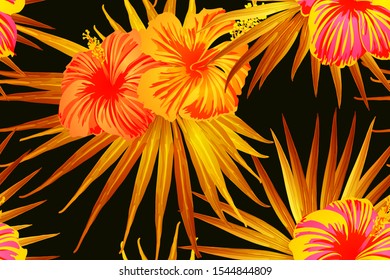 Orange yellow exotic pattern. Monstera and hibiscus flowers tropical bouquet.  Saturated large floral swimwear print. Horizontal romantic wild vector exotic tile. Bonny spring botanical design.
