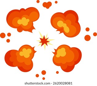 Explosão laranja e amarela se expandindo sobre um fundo branco, com faíscas e nuvens de fumaça criando um efeito visual dinâmico, ideal para quadrinhos, animações ou projetos de design gráfico