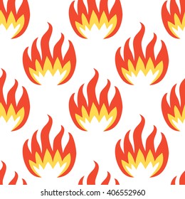 Orange and yellow fire symbols seamless pattern isolated on white background.  Spurts of flame. Retro style vector illustration. Design for wallpaper or wrapping paper.