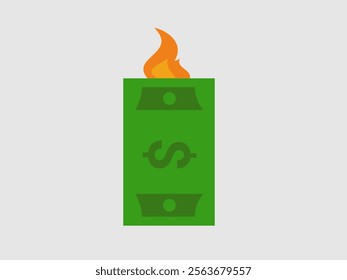 Orange and yellow flames are seen burning the top of the banknote