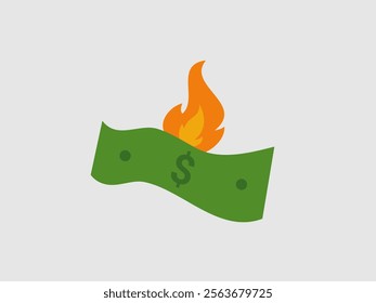 Orange and yellow flames are seen burning the top of the banknote
