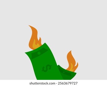 Orange and yellow flames are seen burning the top of the banknote