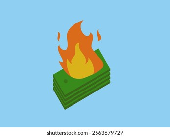 Orange and yellow flames are seen burning the top of the banknote