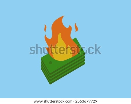 Orange and yellow flames are seen burning the top of the banknote