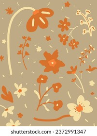 Orange and yellow flowers and leaves pattern on grey background. aesthetic for wallpaper, wall decor, templates covers, art prints