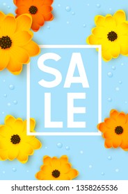 Orange and yellow flowers with sale message on blue background