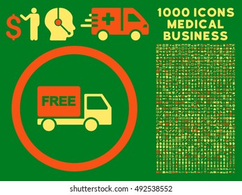 Orange And Yellow Free Delivery vector bicolor rounded icon. Image style is a flat icon symbol inside a circle, green background. Bonus clip art includes 1000 medical business pictograms.